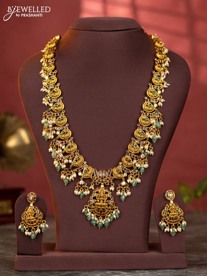 Antique haaram lakshmi design with kemp and white stones & green beads hanging
