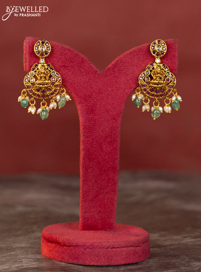 Antique haaram lakshmi design with kemp and white stones & green beads hanging