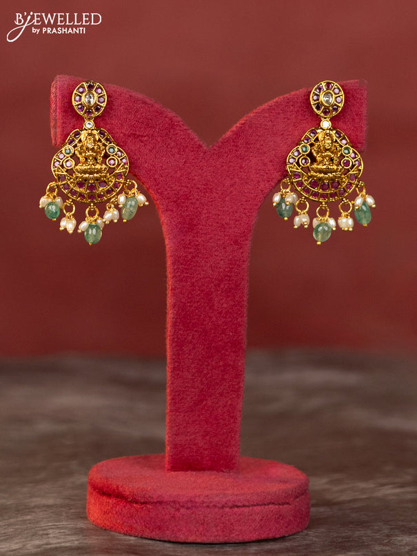 Antique haaram lakshmi design with kemp and white stones & green beads hanging