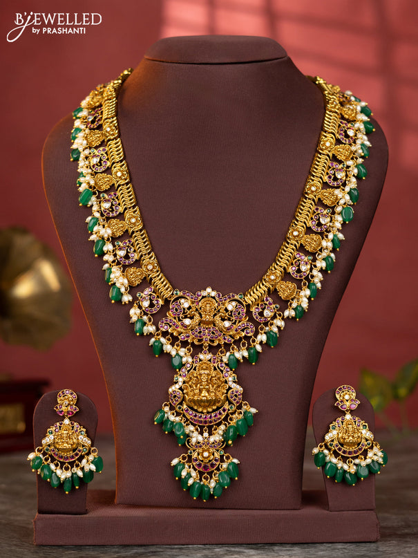 Antique jelabi haaram lakshmi design with kemp and white stones & green beads hanging