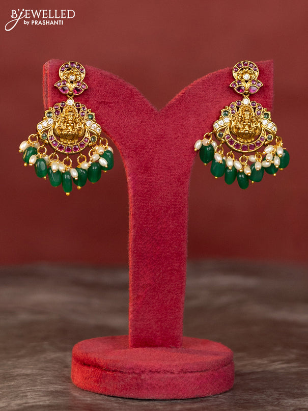 Antique jelabi haaram lakshmi design with kemp and white stones & green beads hanging