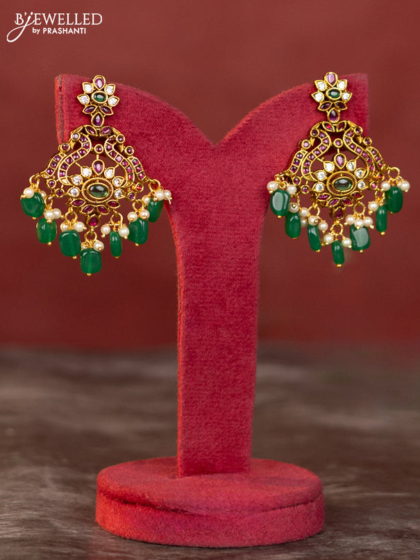 Antique haaram double peacock design with kemp and white stones & green beads hanging