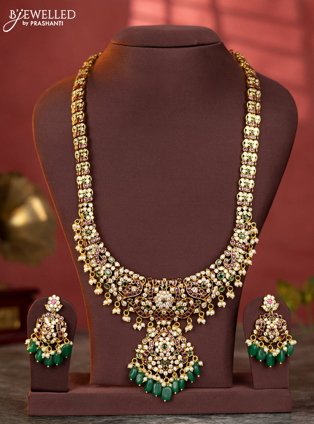 Antique haaram floral design with kemp and white stones & green beads hanging