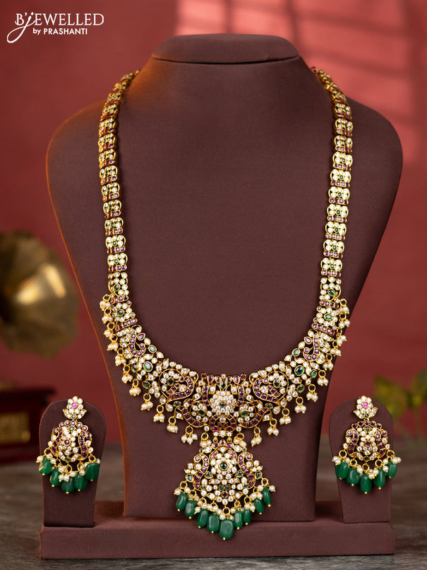 Antique haaram floral design with kemp and white stones & green beads hanging