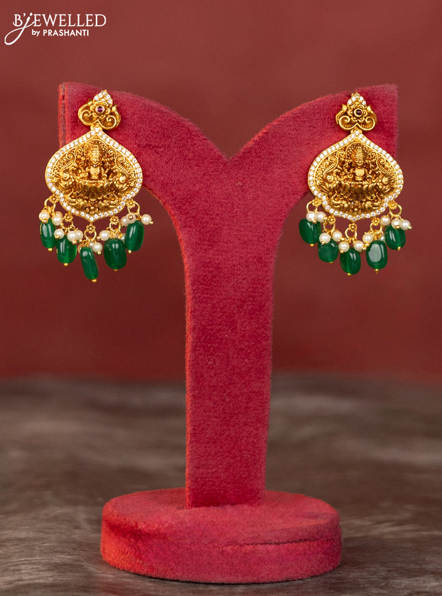 Antique haaram mango and lakshmi design with white and kemp stones and green beads hanging