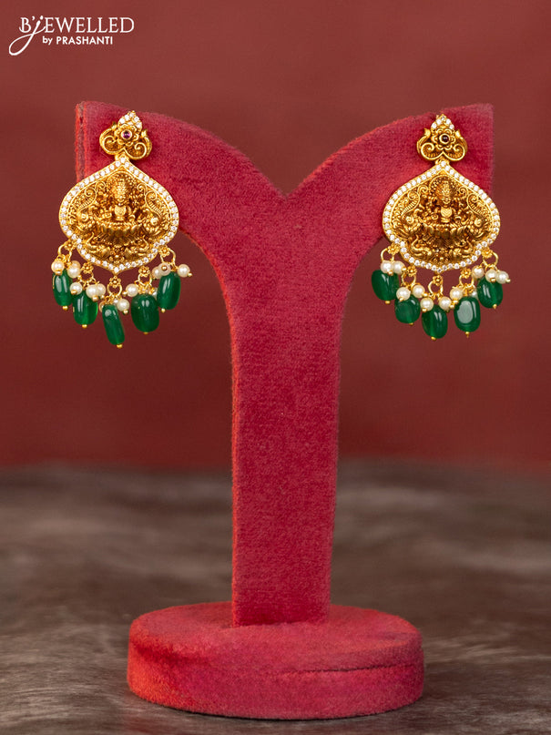 Antique haaram mango and lakshmi design with white and kemp stones and green beads hanging