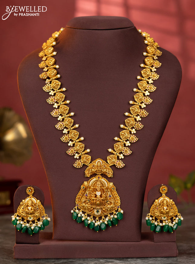 Antique haaram mango and lakshmi design with white and kemp stones and green beads hanging
