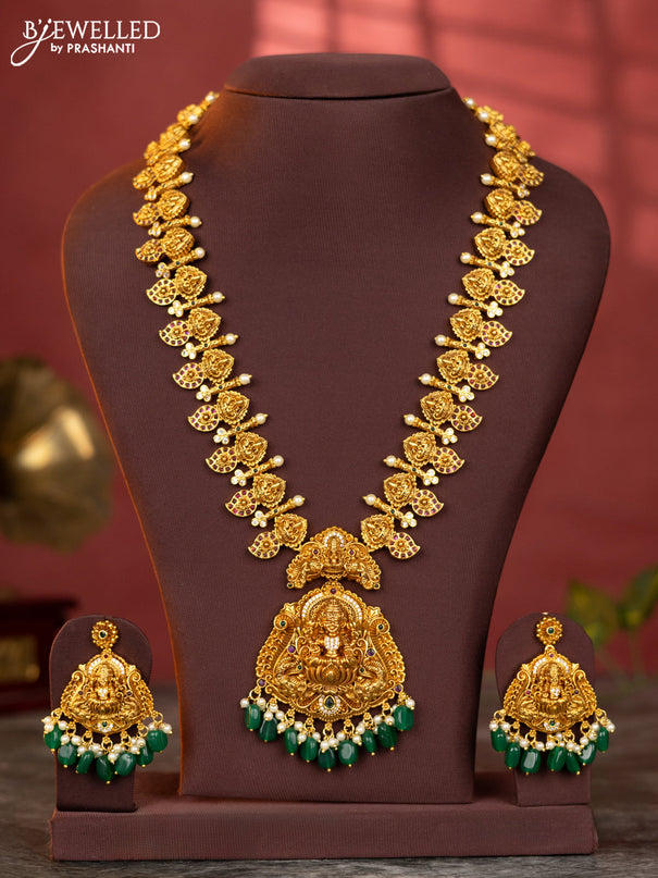 Antique haaram mango and lakshmi design with white and kemp stones and green beads hanging