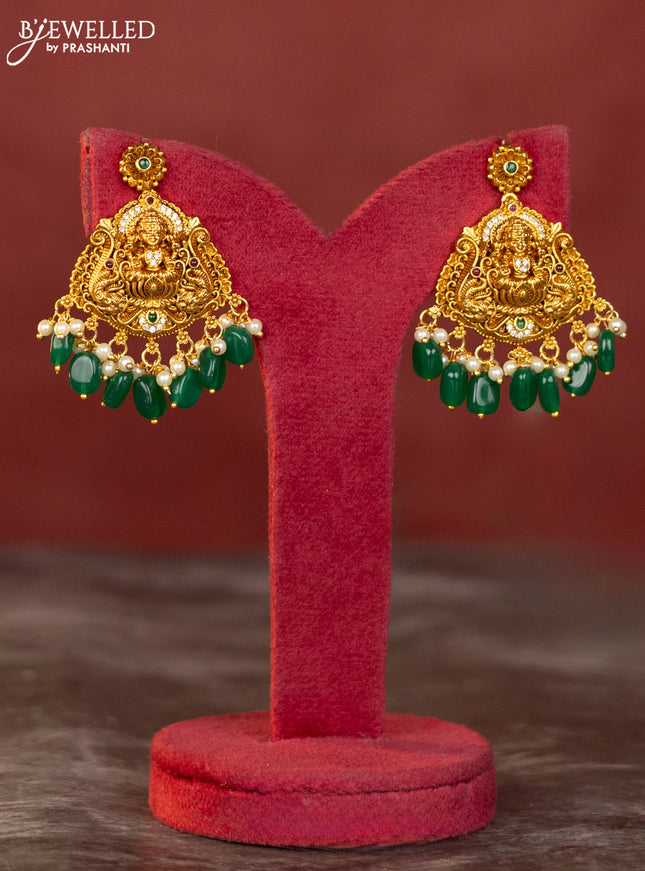 Antique haaram mango and lakshmi design with white and kemp stones and green beads hanging