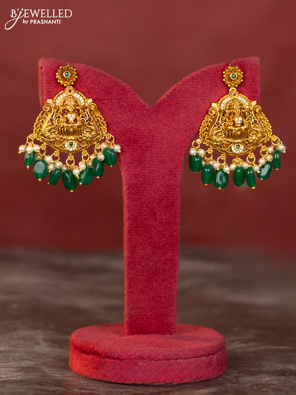 Antique haaram mango and lakshmi design with white and kemp stones and green beads hanging