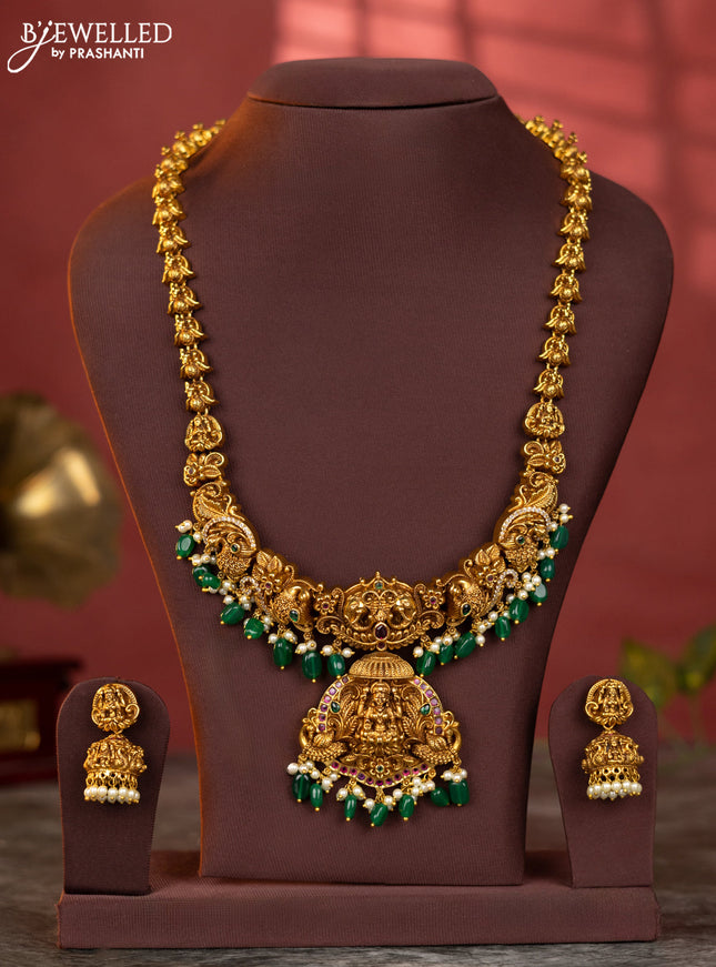 Antique haaram peacock and lakshmi design in 3D with kemp stones and green beads hanging