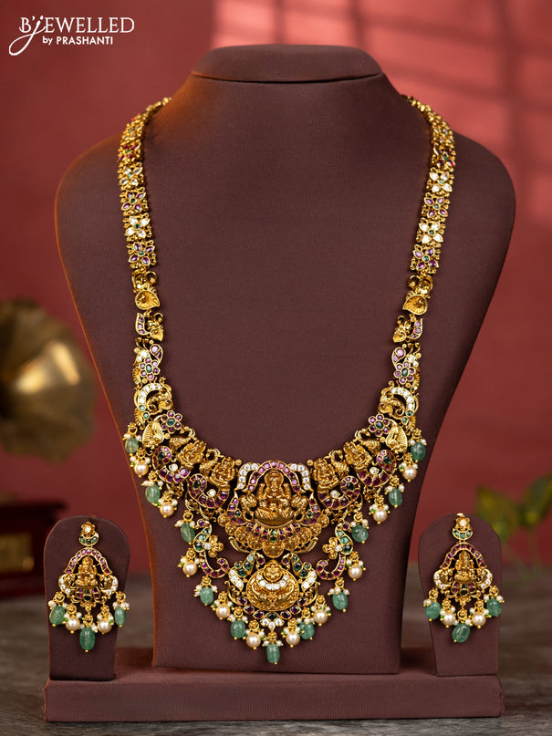 Antique haaram lakshmi design with kemp and white stones & green beads hanging