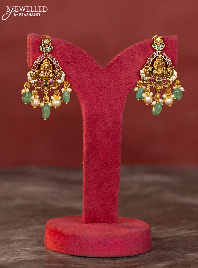 Antique haaram lakshmi design with kemp and white stones & green beads hanging