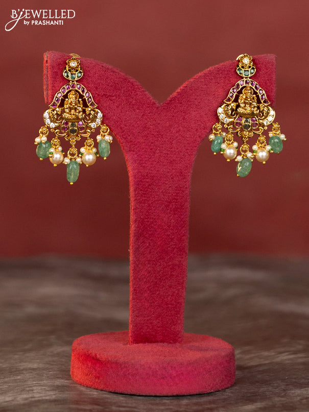Antique haaram lakshmi design with kemp and white stones & green beads hanging