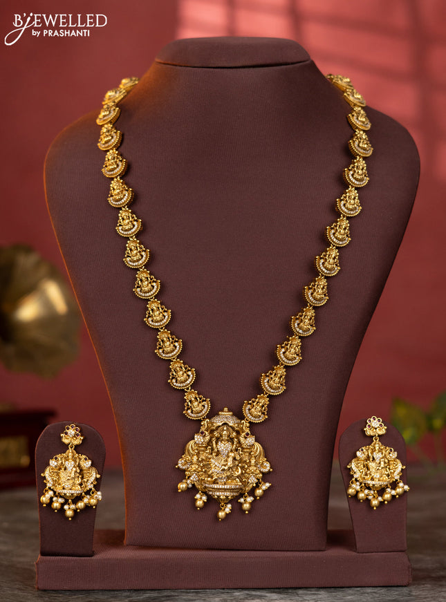 Antique haaram lakshmi design with white stones & gold beads hanging