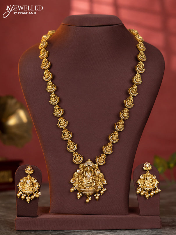 Antique haaram lakshmi design with white stones & gold beads hanging