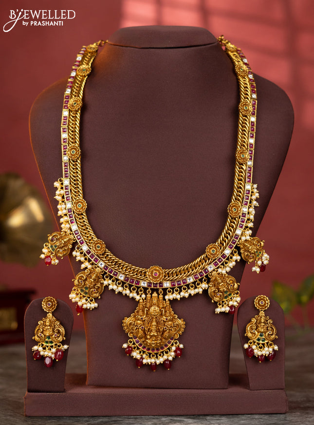 Antique jelabi haaram lakshmi design with kemp and white stones & maroon beads hanging