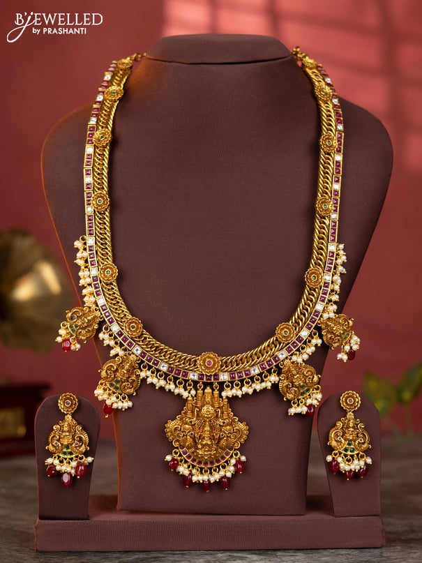 Antique jelabi haaram lakshmi design with kemp and white stones & maroon beads hanging