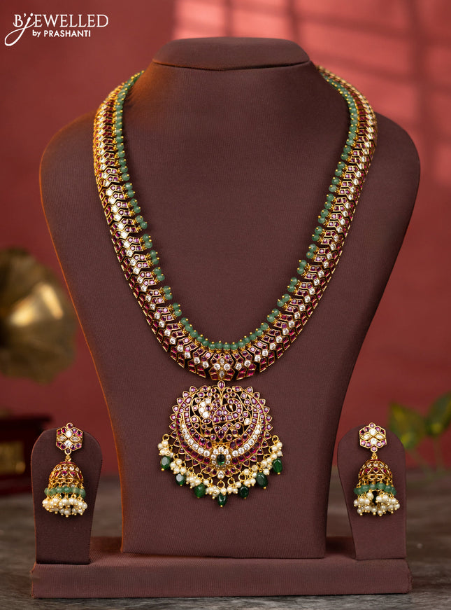 Antique haaram peacock design with kemp and white stones & green beads hanging