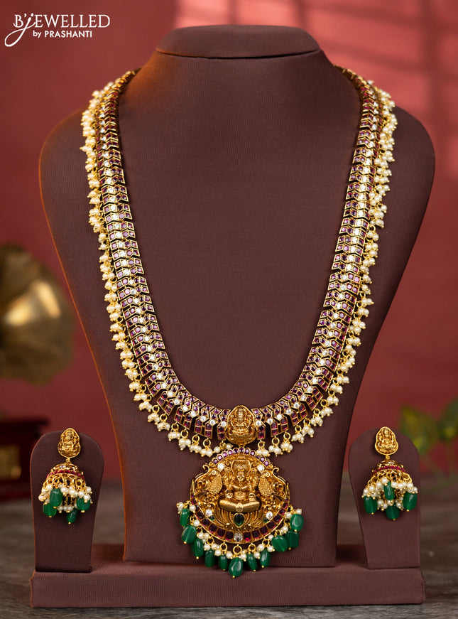 Antique haaram lakshmi peacock design with kemp and white stones & green beads hanging