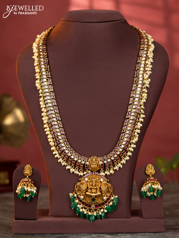 Antique haaram lakshmi peacock design with kemp and white stones & green beads hanging