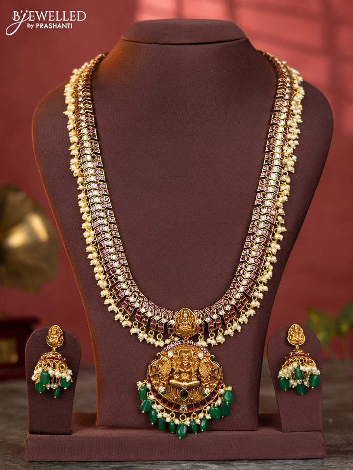 Antique haaram lakshmi peacock design with kemp and white stones & green beads hanging