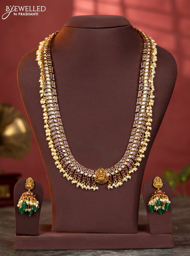 Antique haaram lakshmi peacock design with kemp and white stones & green beads hanging