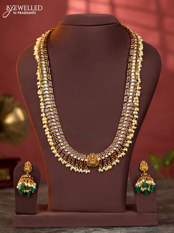 Antique haaram lakshmi peacock design with kemp and white stones & green beads hanging