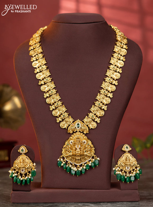 Antique haaram lakshmi kaasu design with kemp and white stones & green beads hanging