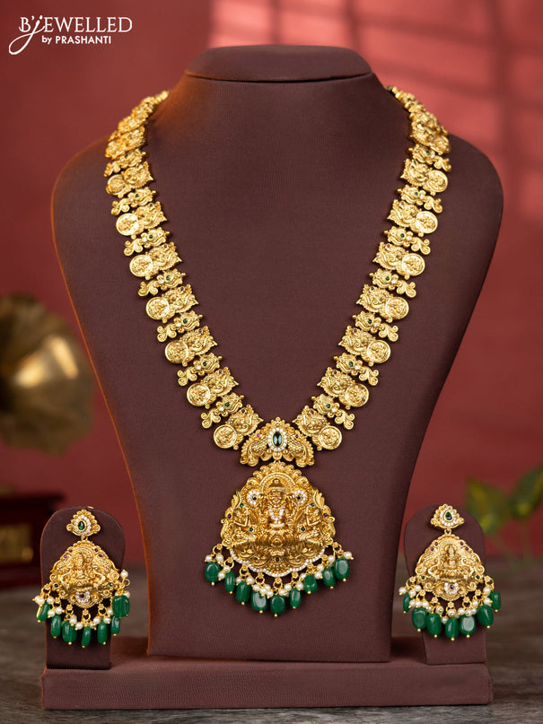Antique haaram lakshmi kaasu design with kemp and white stones & green beads hanging