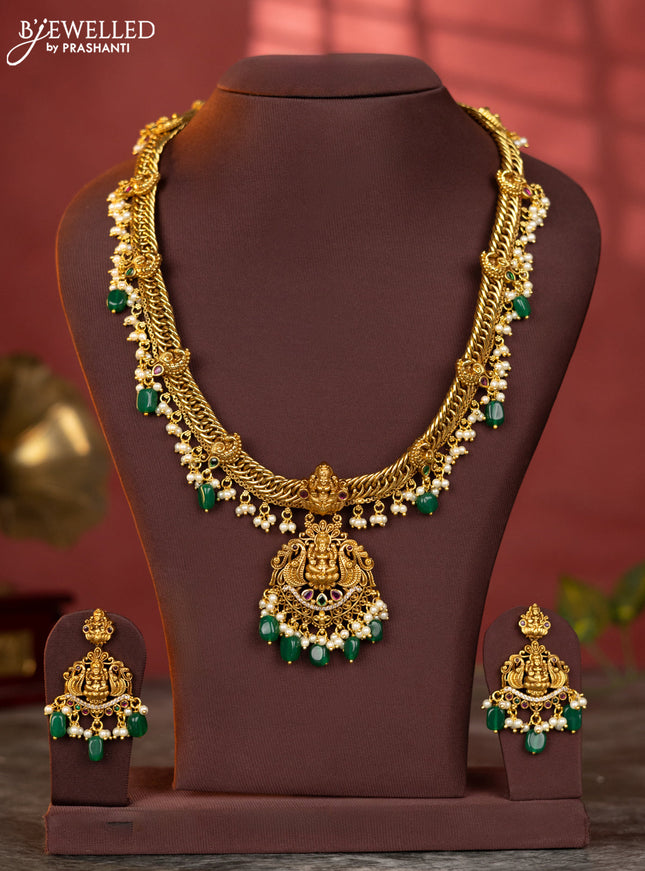 Antique jelabi haaram lakshmi design with kemp and white stones & green beads hanging