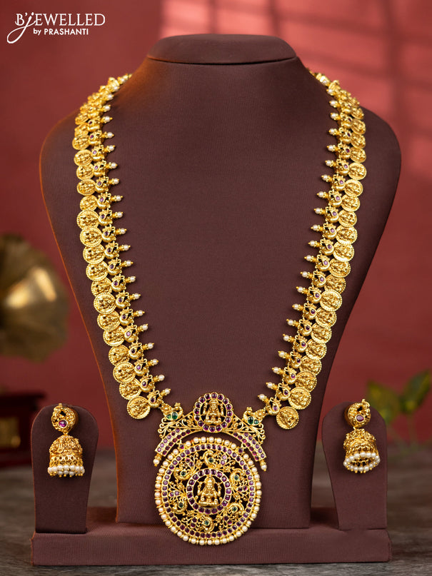 Antique haaram lakshmi kaasu design and circle pendant with kemp and pearl surrounding