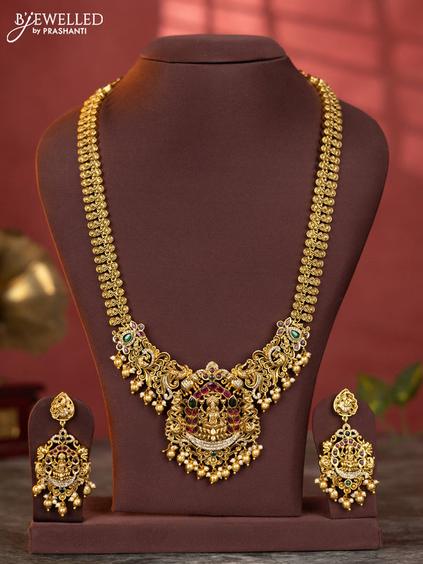Antique haaram lakshmi peacock design with kemp and white stones & golden beads hanging