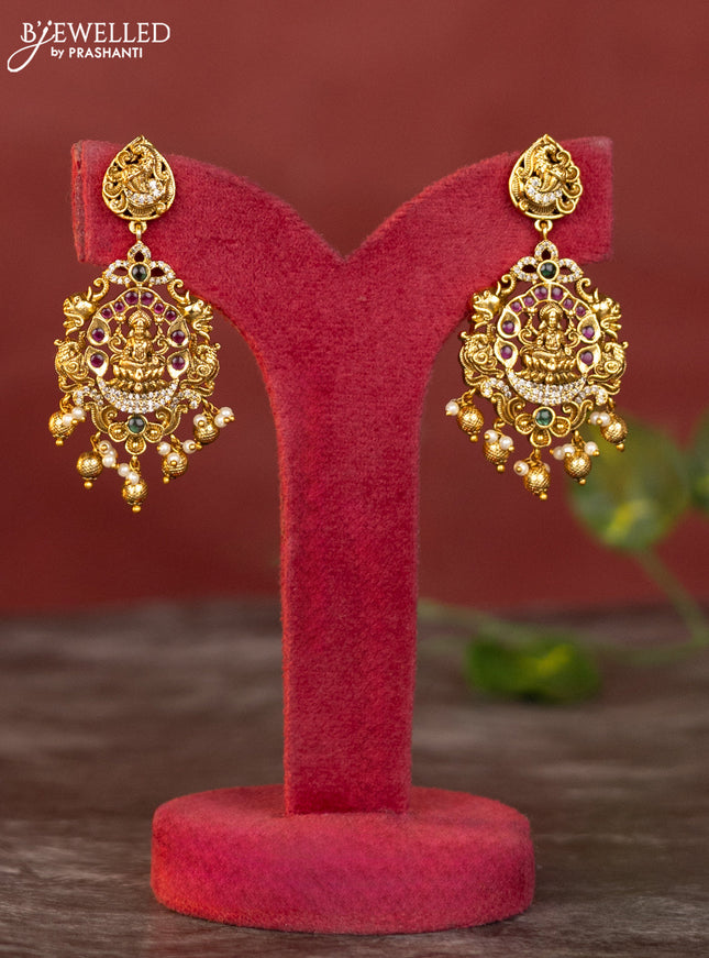 Antique haaram lakshmi peacock design with kemp and white stones & golden beads hanging