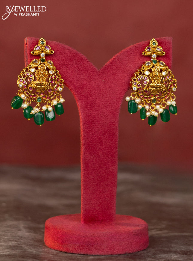 Antique haaram mango and lakshmi design with white and kemp stones and green beads hanging