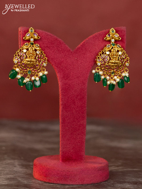 Antique haaram mango and lakshmi design with white and kemp stones and green beads hanging