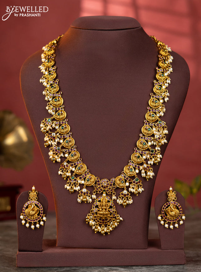 Antique haaram lakshmi peacock design with kemp and white stones & pearl & golden beadshanging