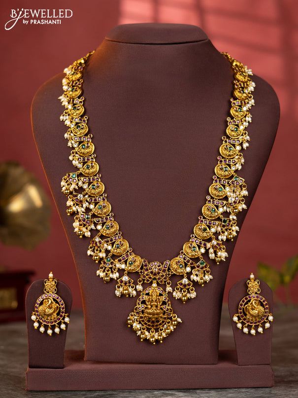 Antique haaram lakshmi peacock design with kemp and white stones & pearl & golden beadshanging