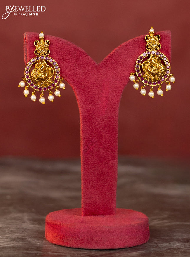 Antique haaram lakshmi peacock design with kemp and white stones & pearl & golden beadshanging