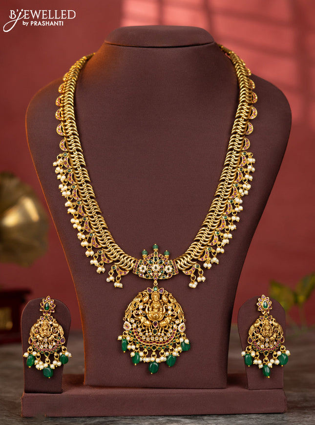 Antique jelabi haaram lakshmi design with kemp and white stones & green beads hanging