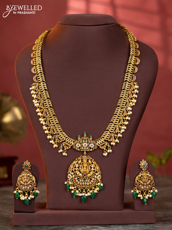 Antique jelabi haaram lakshmi design with kemp and white stones & green beads hanging