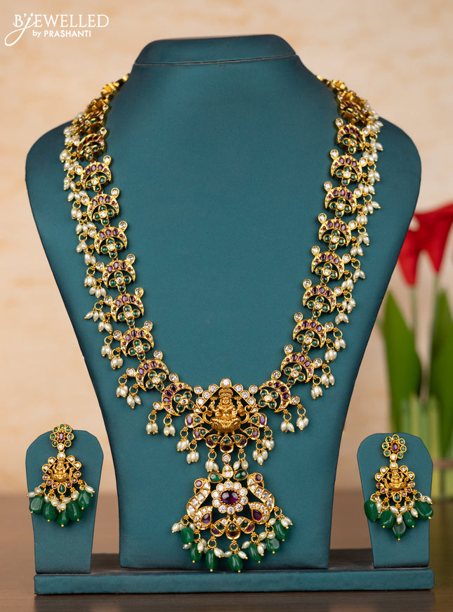 Antique guttapusalu haaram lakshmi design in kemp stones and rice pearl hanging