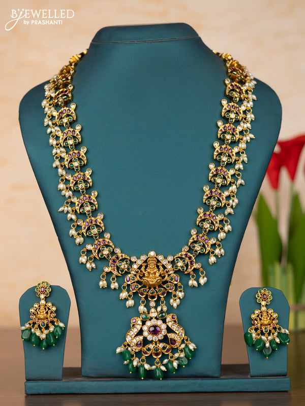 Antique guttapusalu haaram lakshmi design in kemp stones and rice pearl hanging