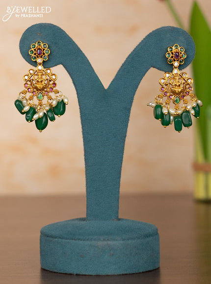 Antique guttapusalu haaram lakshmi design in kemp stones and rice pearl hanging