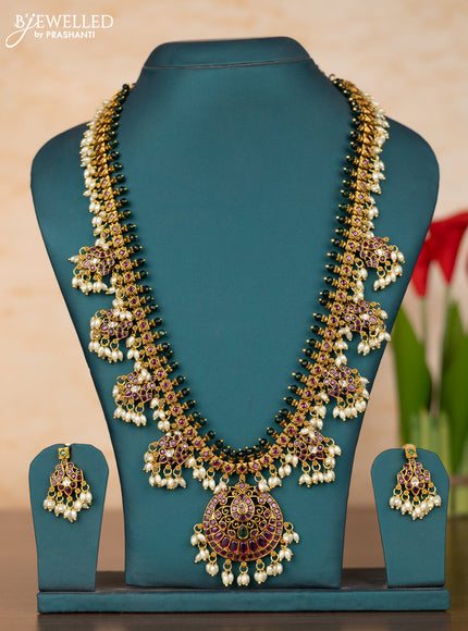 Antique guttapusalu haaram double peacock design in kemp stones and rice pearl hanging