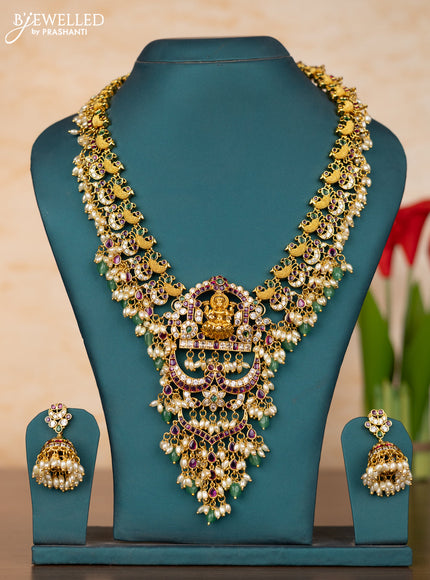 Antique guttapusalu haaram peacock lakshmi design in kemp stones and rice pearl hanging