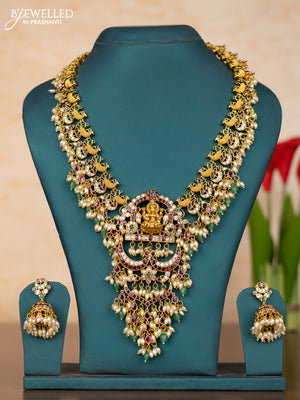 Antique guttapusalu haaram peacock lakshmi design in kemp stones and rice pearl hanging