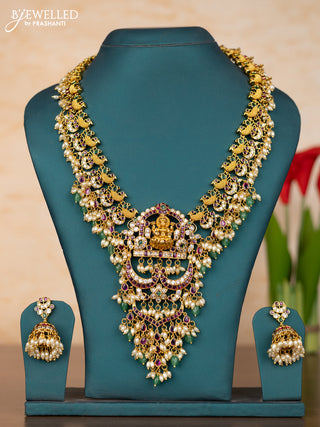 Antique guttapusalu haaram peacock lakshmi design in kemp stones and rice pearl hanging
