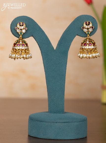Antique guttapusalu haaram peacock lakshmi design in kemp stones and rice pearl hanging