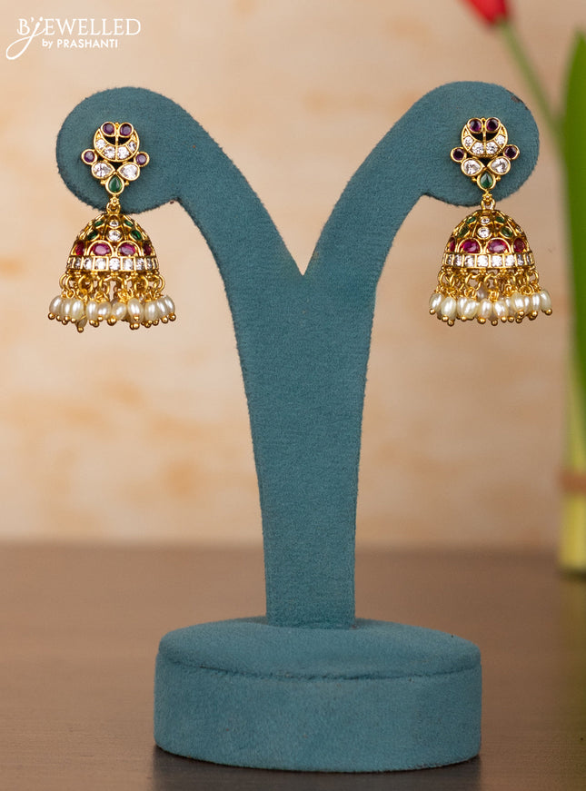 Antique guttapusalu haaram peacock lakshmi design in kemp stones and rice pearl hanging